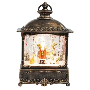 Arys Imports Antique Bronze Brushed Square Lantern With Led Light Up Santa With Deer Scene Spinning Glitter Waterglobe