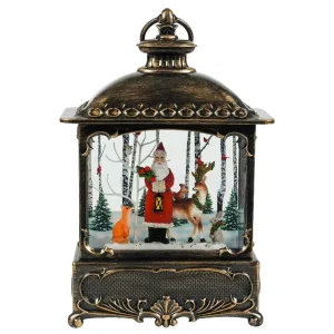 Arys Imports Antique Bronze Brushed Square Lantern With Led Light Up Santa With Deer Scene Spinning Glitter Waterglobe