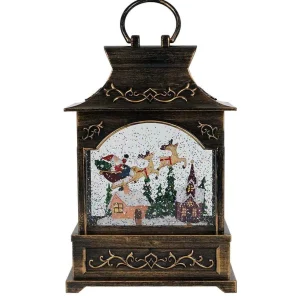 Arys Imports Antique Brushed Square Lantern With Led Warm White Light Up Santa Sleigh Scene Spinning Glitter Waterglobe