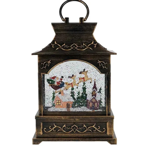 Arys Imports Antique Brushed Square Lantern With Led Warm White Light Up Santa Sleigh Scene Spinning Glitter Waterglobe