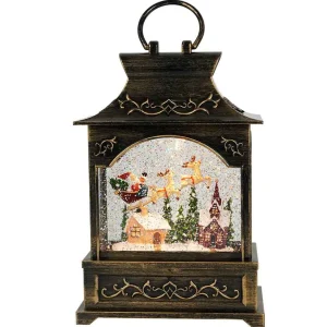 Arys Imports Antique Brushed Square Lantern With Led Warm White Light Up Santa Sleigh Scene Spinning Glitter Waterglobe