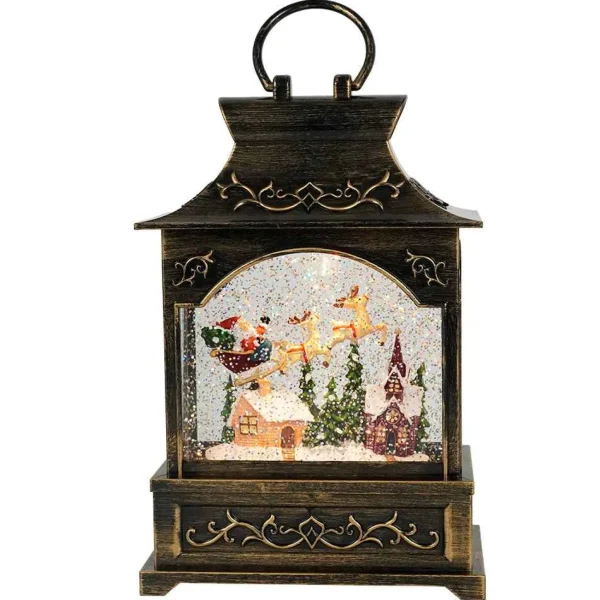 Arys Imports Antique Brushed Square Lantern With Led Warm White Light Up Santa Sleigh Scene Spinning Glitter Waterglobe