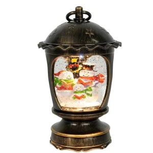 Arys Imports Antique Brushed Starry Lantern With Light Up Snowman Scene Spinning Glitter Waterglobe