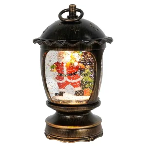 Arys Imports Antique Brushed Starry Lantern With Light Up Santa Scene Spinning Glitter Waterglobe
