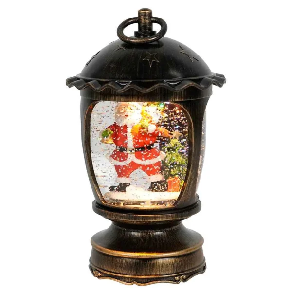 Arys Imports Antique Brushed Starry Lantern With Light Up Santa Scene Spinning Glitter Waterglobe