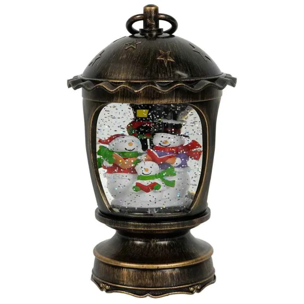 Arys Imports Antique Brushed Starry Lantern With Light Up Snowman Scene Spinning Glitter Waterglobe