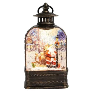 Arys Imports Antique Lantern With Led Light Up Santa With Toy Sack Scene Spinning Glitter Waterglobe