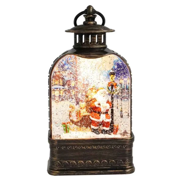 Arys Imports Antique Lantern With Led Light Up Santa With Toy Sack Scene Spinning Glitter Waterglobe
