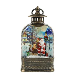 Arys Imports Antique Lantern With Led Light Up Santa With Toy Sack Scene Spinning Glitter Waterglobe