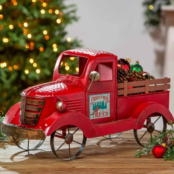 Gerson International Antique Red Metal Vintage Truck With Christmas Tree, Decor