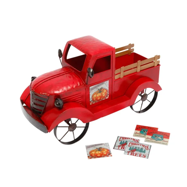 Gerson International Antique Red Metal Vintage Truck With Christmas Tree, Decor