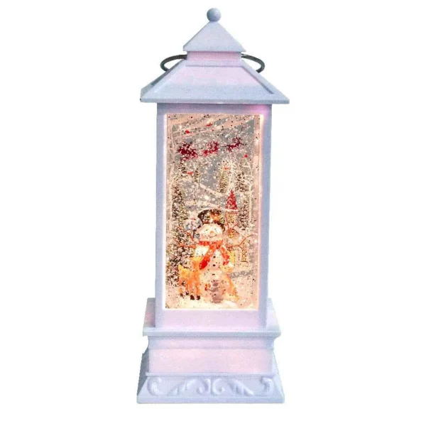 Arys Imports Antique White Tall Lantern With Led Light Up Snowman Scene Spinning Glitter Waterglobe