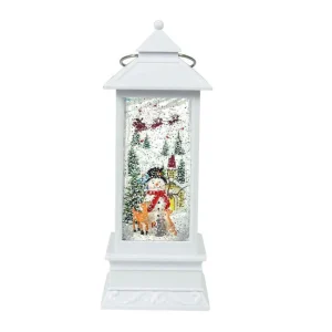 Arys Imports Antique White Tall Lantern With Led Light Up Snowman Scene Spinning Glitter Waterglobe