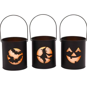 Gerson International Black Metal Spooky Halloween Lanterns With Flameless Candles