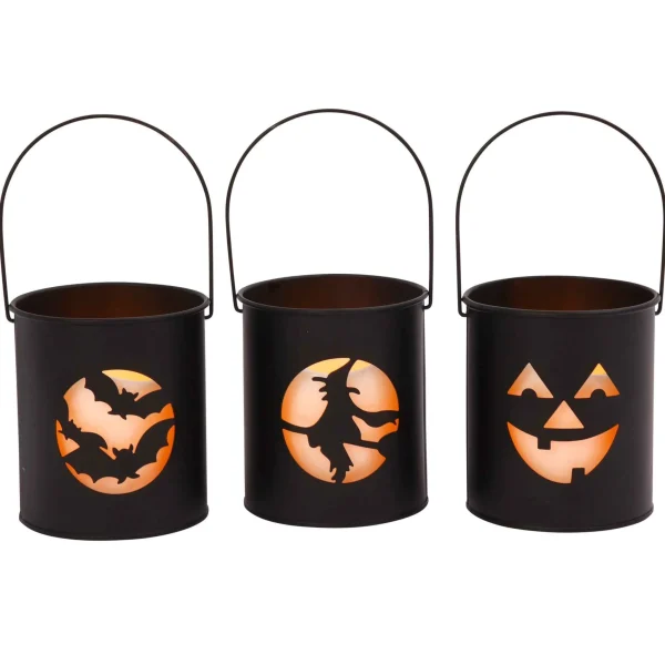 Gerson International Black Metal Spooky Halloween Lanterns With Flameless Candles