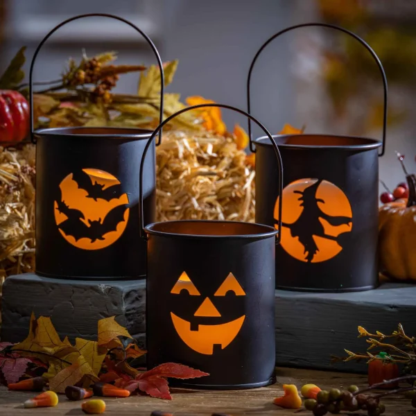 Gerson International Black Metal Spooky Halloween Lanterns With Flameless Candles