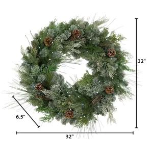Gerson International 32"D Pre-Lit Snowy Mixed Pine Wreath Withpine Cones, Twig & Cedar Accents. 50 Cool White Led Lights.