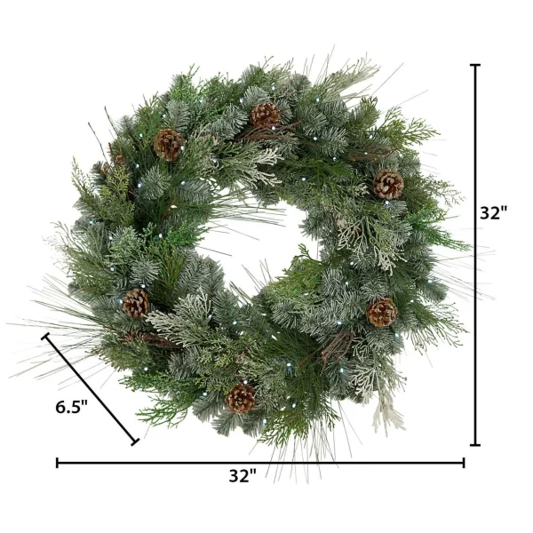 Gerson International 32"D Pre-Lit Snowy Mixed Pine Wreath Withpine Cones, Twig & Cedar Accents. 50 Cool White Led Lights.