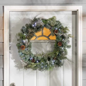 Gerson International 32"D Pre-Lit Snowy Mixed Pine Wreath Withpine Cones, Twig & Cedar Accents. 50 Cool White Led Lights.