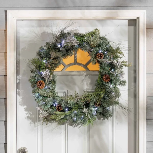 Gerson International 32"D Pre-Lit Snowy Mixed Pine Wreath Withpine Cones, Twig & Cedar Accents. 50 Cool White Led Lights.