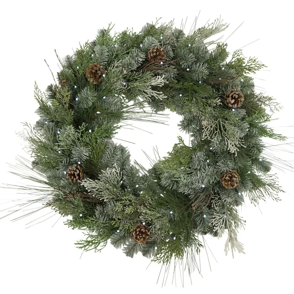 Gerson International 32"D Pre-Lit Snowy Mixed Pine Wreath Withpine Cones, Twig & Cedar Accents. 50 Cool White Led Lights.