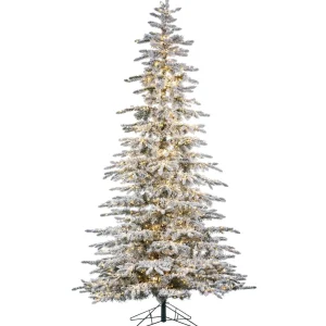 Gerson International 9Ft Pre-Lit Flocked Mountain Pine Christmas Tree With Dual Color 8-Function Changing Micro Led Lights