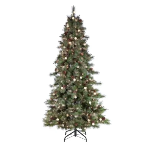 Gerson International 7.Ft Pre-Lit Mixed Needle Arcadia Fir Christmas Tree With Pinecones And Clear/Warm White Led Lights