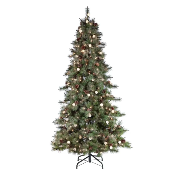 Gerson International 7.Ft Pre-Lit Mixed Needle Arcadia Fir Christmas Tree With Pinecones And Clear/Warm White Led Lights
