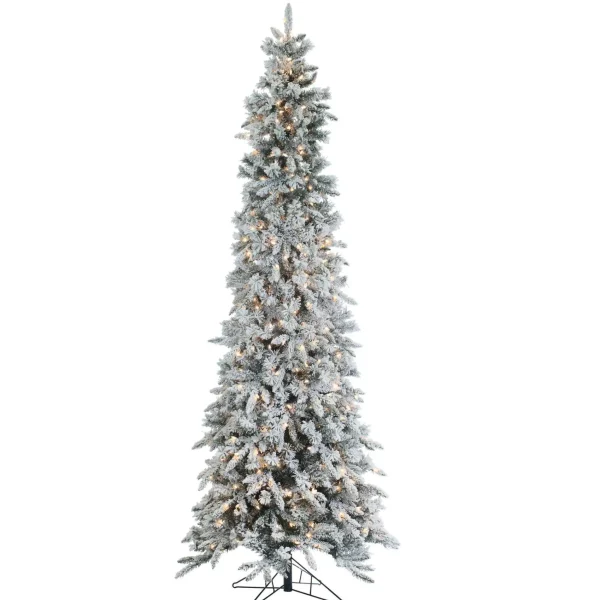 Gerson International 9Ft Pre-Lit Narrow Flocked Pencil Pine Christmas Tree With Clear Lights