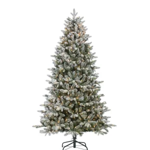Gerson International 7.5Ft Pre-Lit Natural Cut Flocked Swiss Mountain Fir Christmas Tree With Clear Lights