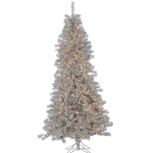 Gerson International 7.5Ft Pre-Lit Silver Curly Tinsel Christmas Tree With Clear Lights