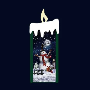 Arys Imports Green Snowing Flat Candle With Snowman