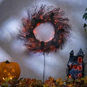 Gerson International 20 In Black Halloween Twig Wreath With Bats And Orange Leds