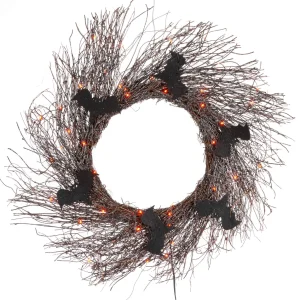 Gerson International 20 In Black Halloween Twig Wreath With Bats And Orange Leds