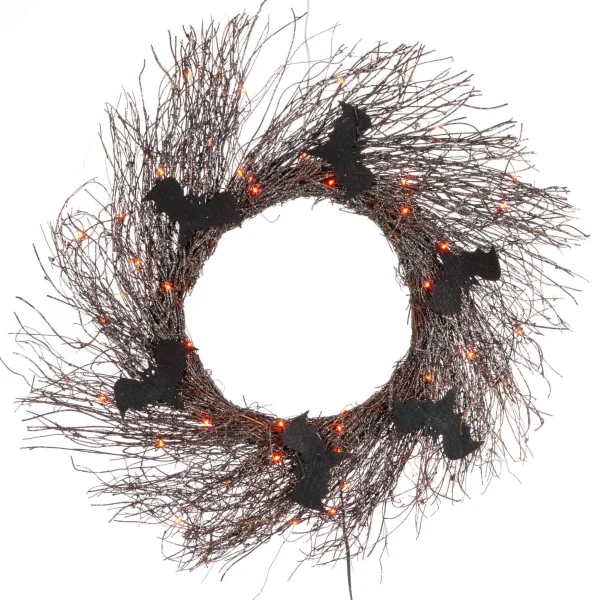 Gerson International 20 In Black Halloween Twig Wreath With Bats And Orange Leds