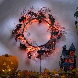 Gerson International 18 In Black Twig Halloween Wreath With Bats And Orange Leds