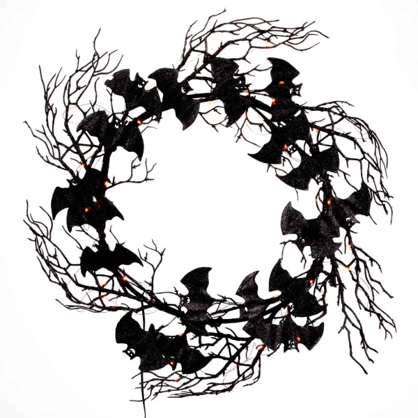 Gerson International 18 In Black Twig Halloween Wreath With Bats And Orange Leds