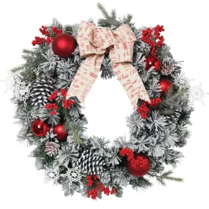 Gerson International 24 In Flocked Holiday Wreath With Bow, Berries And Ornaments