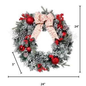 Gerson International 24 In Flocked Holiday Wreath With Bow, Berries And Ornaments