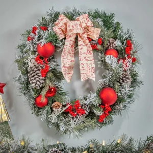 Gerson International 24 In Flocked Holiday Wreath With Bow, Berries And Ornaments
