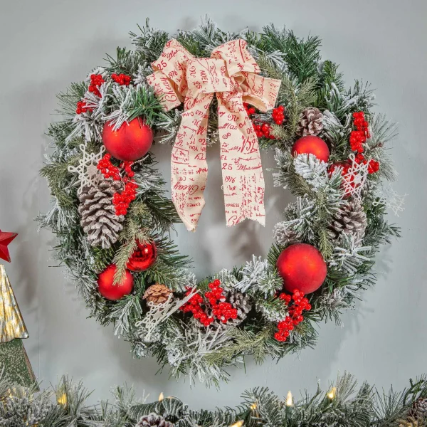 Gerson International 24 In Flocked Holiday Wreath With Bow, Berries And Ornaments
