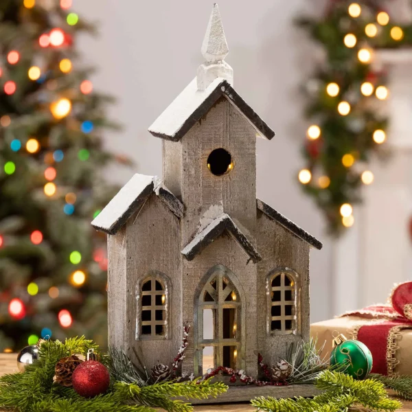 Gerson International 16-In H Battery- Operated Lighted Wood House With Pine And Berry Accent