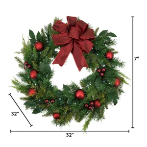 Gerson International 32 In Holiday Cedar Wreath With Red Bow And Christmas Ornaments