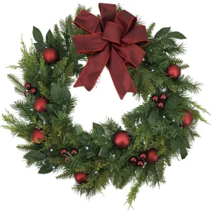 Gerson International 32 In Holiday Cedar Wreath With Red Bow And Christmas Ornaments