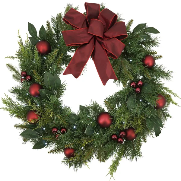 Gerson International 32 In Holiday Cedar Wreath With Red Bow And Christmas Ornaments