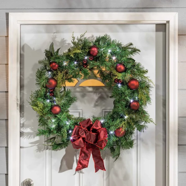 Gerson International 32 In Holiday Cedar Wreath With Red Bow And Christmas Ornaments