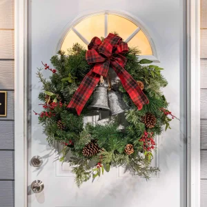 Gerson International 32 In Holiday Pine Wreath With Plaid Bow And Silver Bells