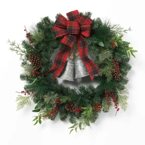 Gerson International 32 In Holiday Pine Wreath With Plaid Bow And Silver Bells