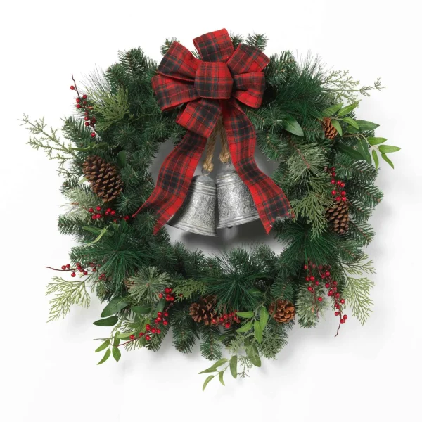 Gerson International 32 In Holiday Pine Wreath With Plaid Bow And Silver Bells