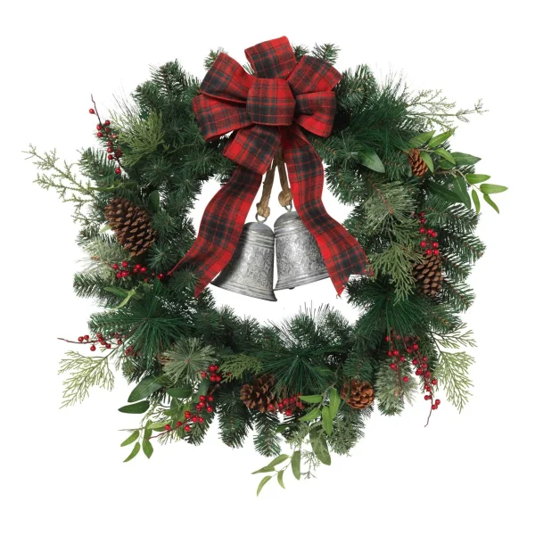 Gerson International 32 In Holiday Pine Wreath With Plaid Bow And Silver Bells